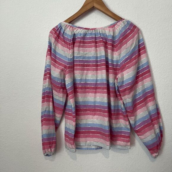 J. Crew Metallic Pastel Stripe Tassel Tie Peasant Top Women's Size Medium NWT - Picture 4 of 6